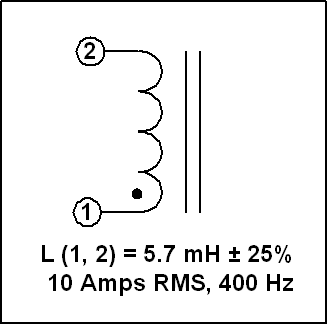 GAPPED INDUCTOR, 5.7 mH, 10 Amps RMS, 400 Hz, P/N 19039L Schematic Diagram