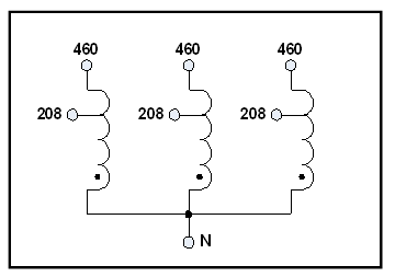 NEMA 1 THREE PHASE BUCK BOOST TRANSFORMER, 10.4 KVA, INPUT 460 VAC, OUTPUT 208 VAC, P/N 19313N Schematic Diagram