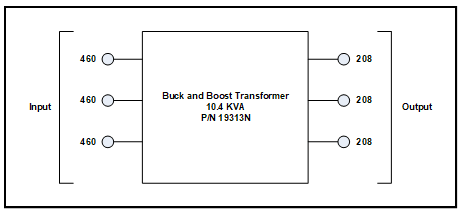 NEMA 1 THREE PHASE BUCK BOOST TRANSFORMER, 10.4 KVA, INPUT 460 VAC, OUTPUT 208 VAC, P/N 19313N Schematic Diagram