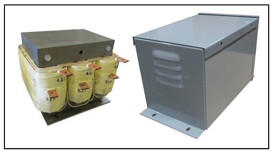 NEMA 1 THREE PHASE BUCK BOOST TRANSFORMER, 12 KVA, INPUT 480 VAC, OUTPUT 575 VAC, P/N 19312N
